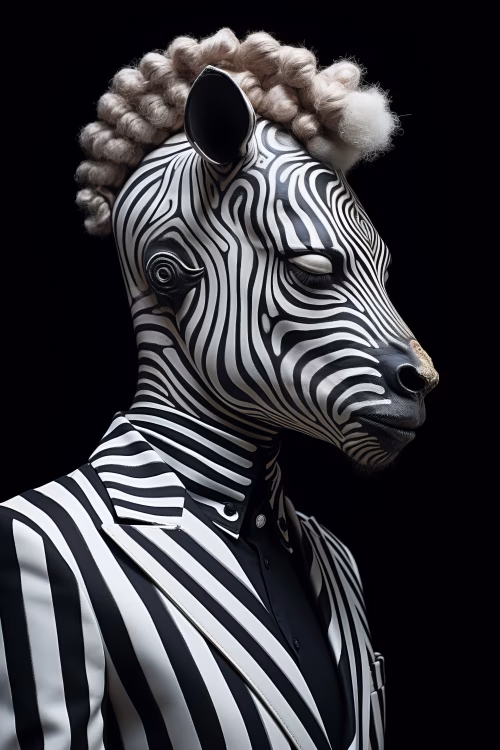 Stylized Zebra Patterned Portrait in a Sophisticated Suit on Black Background