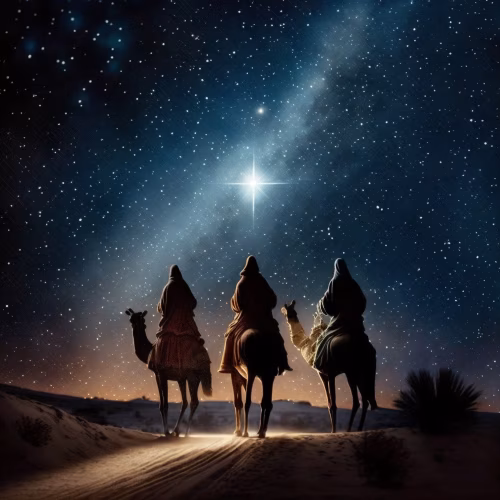 Three Wise Men Journey Under the Starry Night Sky