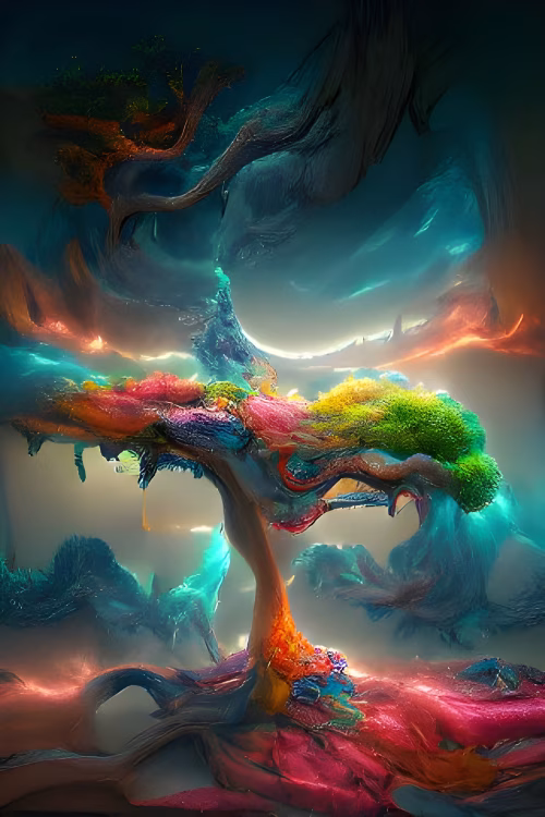 Vibrant Artistic Tree in a Surreal Dreamlike Abstract Landscape