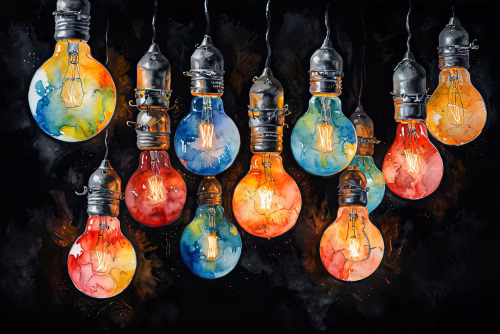 Vivid Watercolor Light Bulbs Illuminating Against a Dark Background