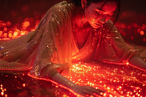 Woman in Traditional Attire Amidst Glowing Lights with Artistic Atmosphere